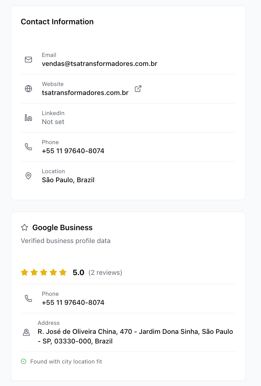 Contact information and Google Business profile details for a verified buyer