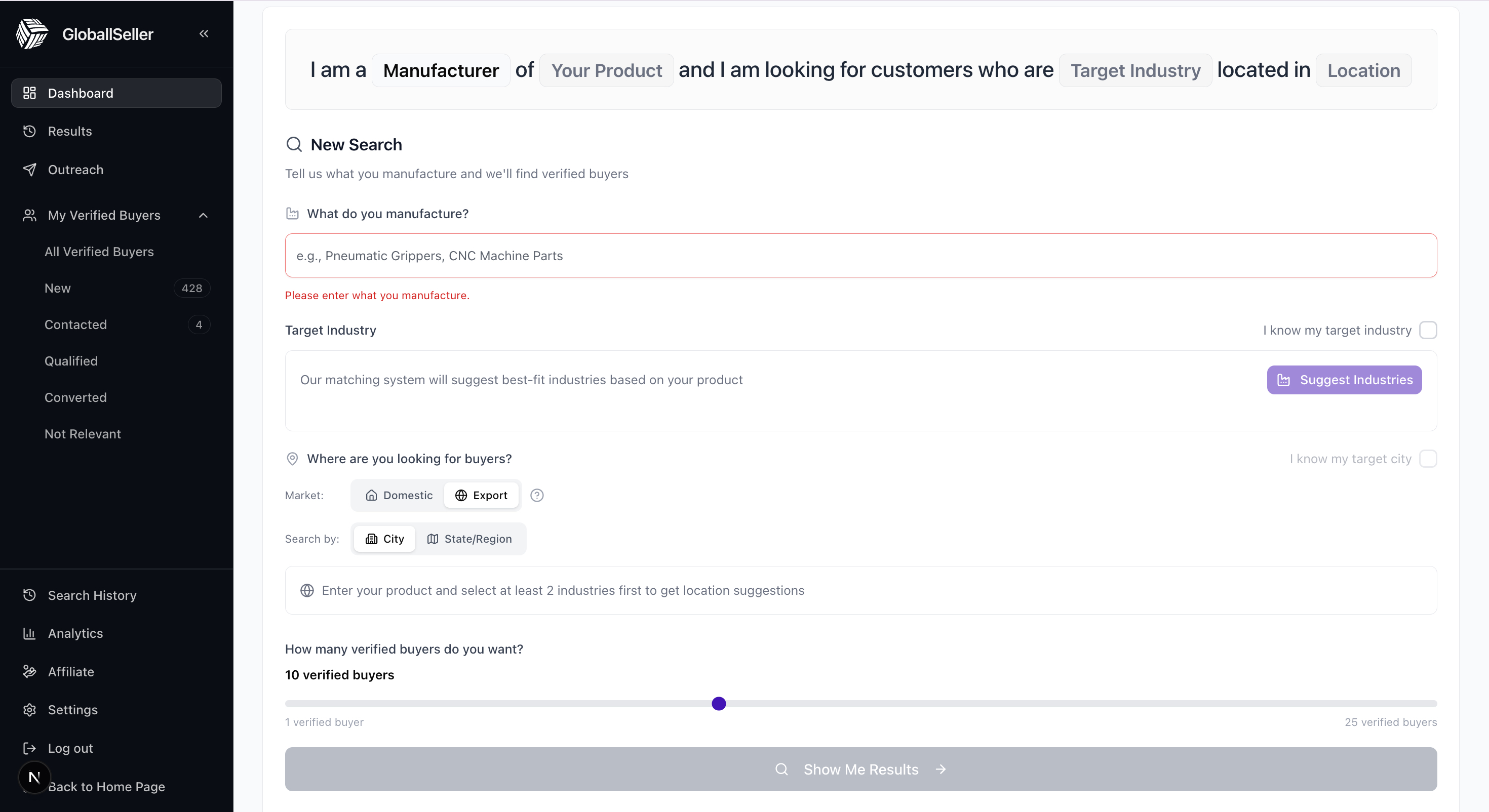 GloballSeller dashboard search form for entering a manufactured product